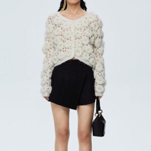 High percentage wool mohair beige white hand crochet rose sweater knitted cardigan women's sweater