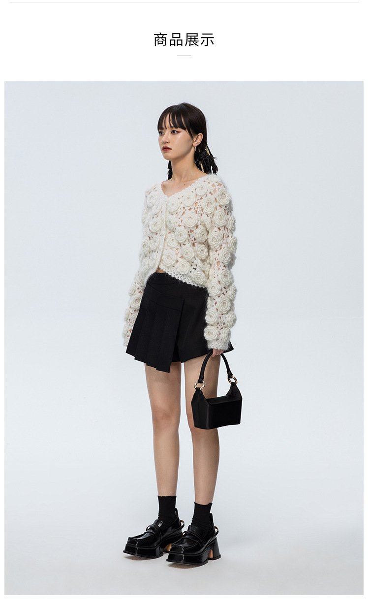 High percentage wool mohair beige white hand crochet rose sweater knitted cardigan women's sweater - 图片 2