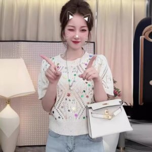 2024 Spring/Summer New Temperament Retro Korean Sweet Crewneck Cutout Short Sleeve Knit Top Sweater
