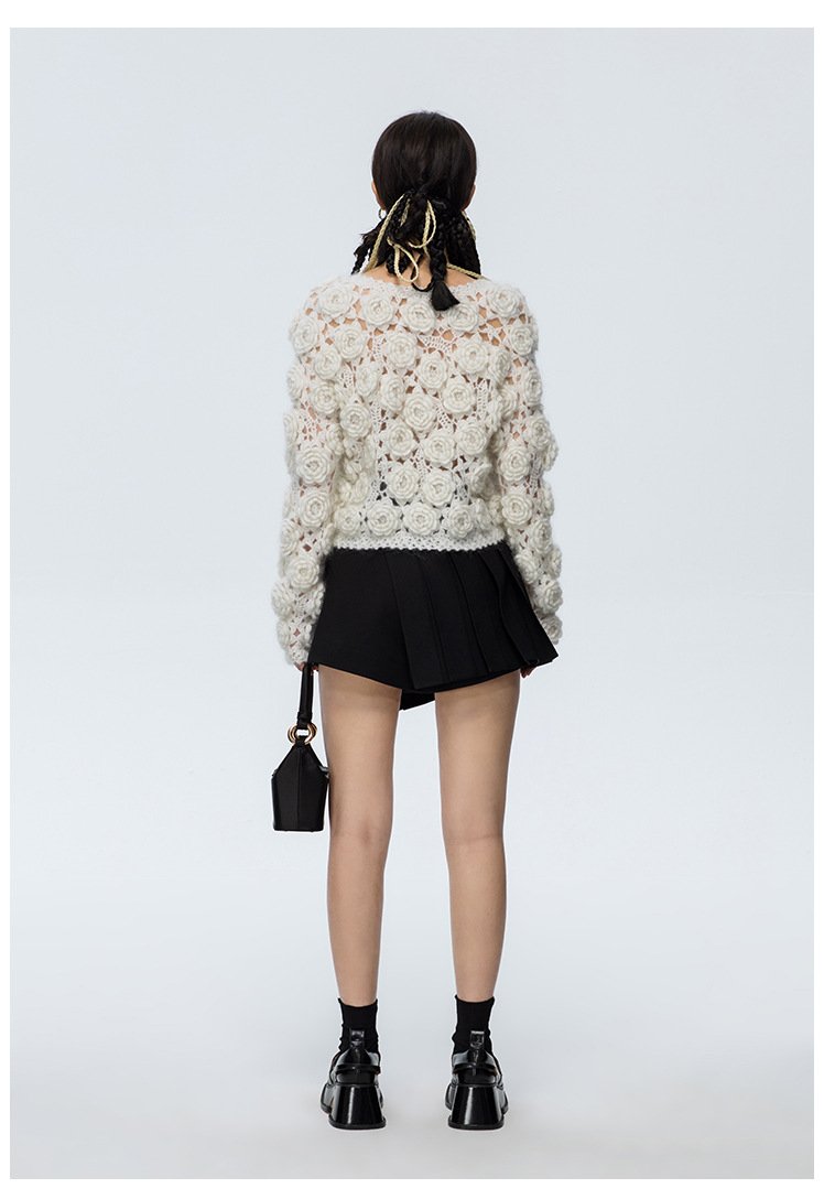 High percentage wool mohair beige white hand crochet rose sweater knitted cardigan women's sweater - 图片 3