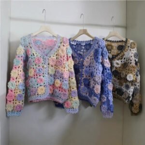 Spot autumn cross-border foreign trade rainbow heavy industry hand hook hollow flower small fragrance sweater knitted cardigan woman