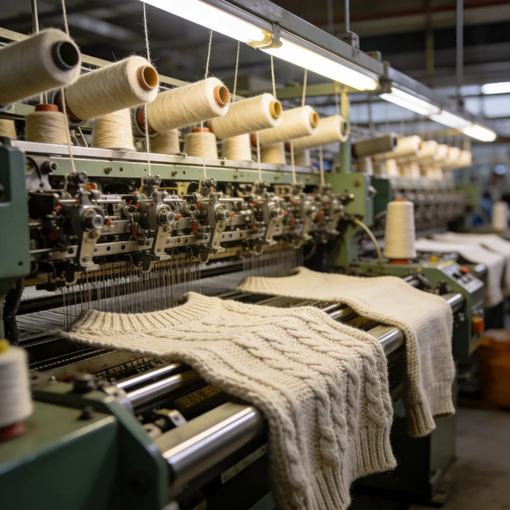 industrial knitting machines producing sweaters in factory